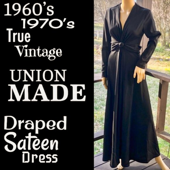 Vintage Dresses & Skirts - ▪️VTG▪️UNION MADE ▪️ILGWU▪️60’s 70’s Black Draped Knotted Belt Sateen Maxi Dress